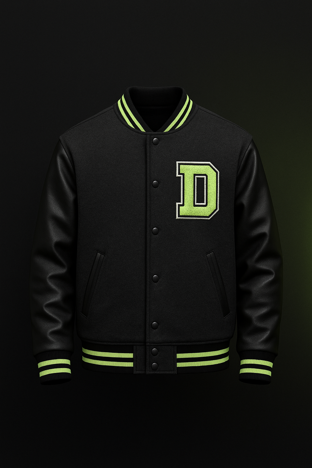 Jaket varsity bahan wool blend dengan lengan PU